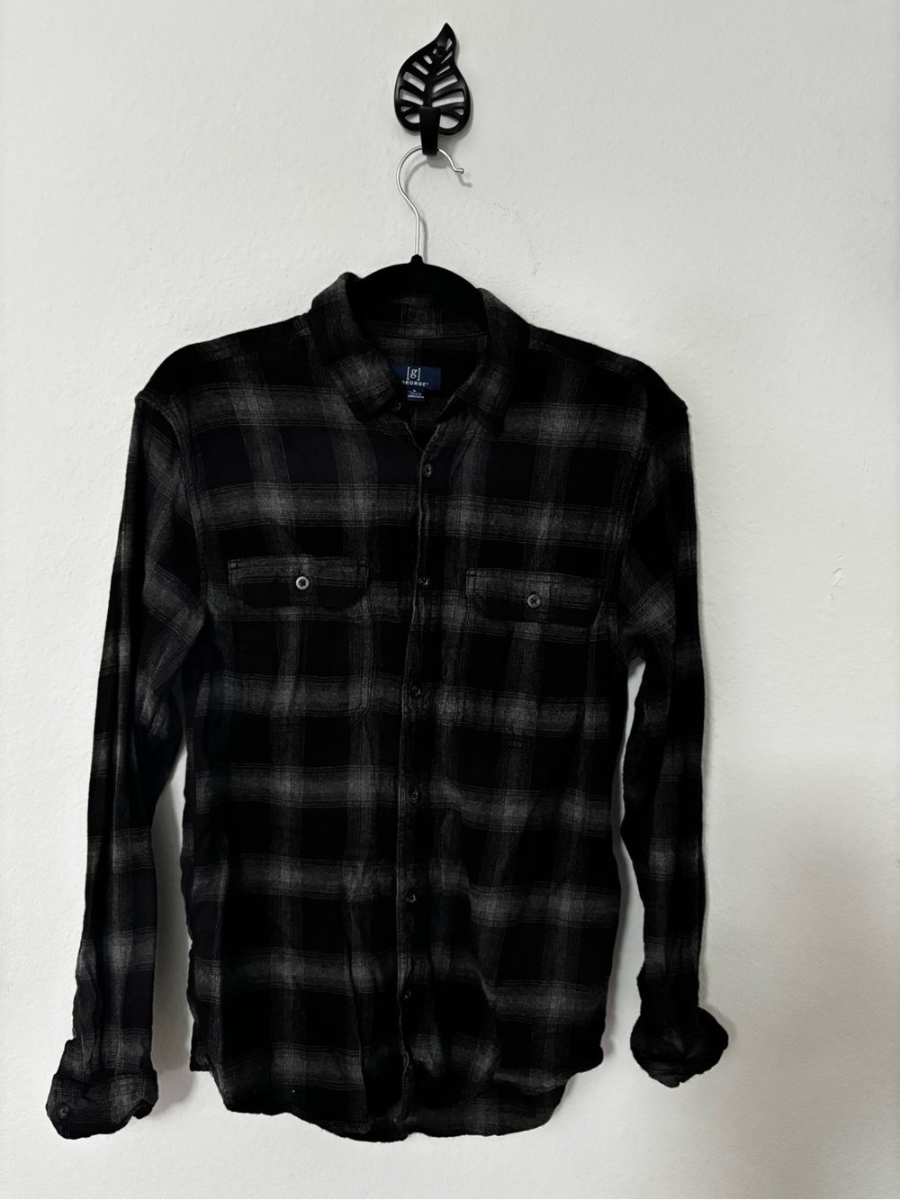 George Men’s Flannel Shirt Black Grey Plaid Size S